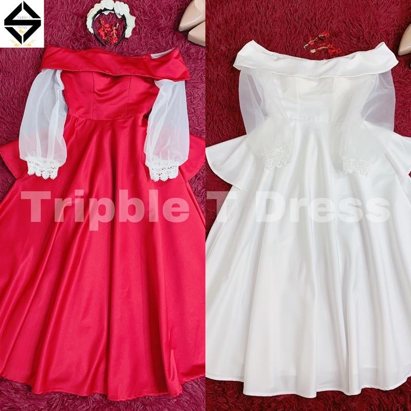 Đầm xòe dự tiệc mặc cưới bẹt vai tay dài voan phối viền ren TRIPBLE T DRESS -size S/M/L - MS51Y