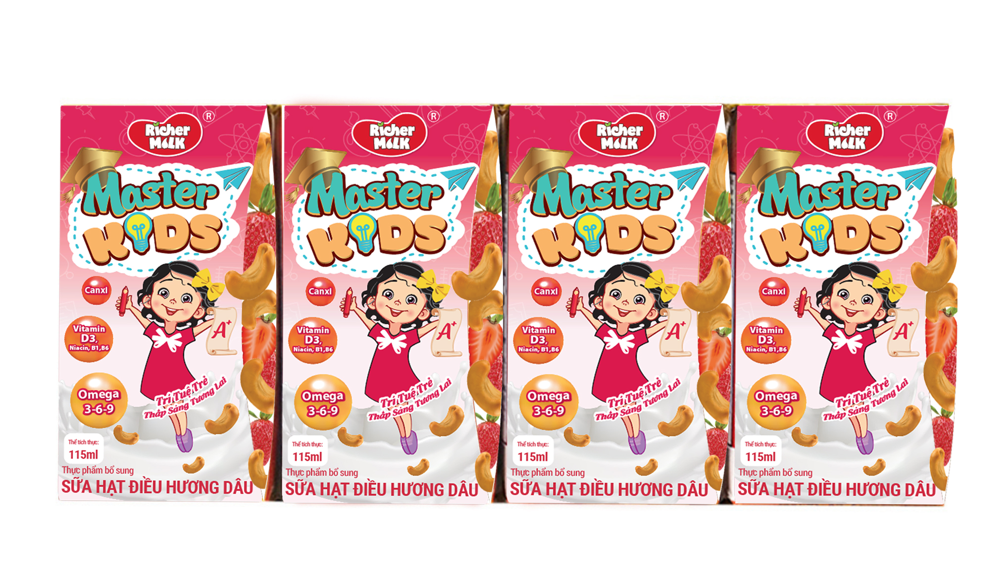Lốc Sữa Hạt Điều Master Kids Hương Dâu 115ml Giàu Omega 3-6-9 Giúp Trẻ Thông Minh Hơn