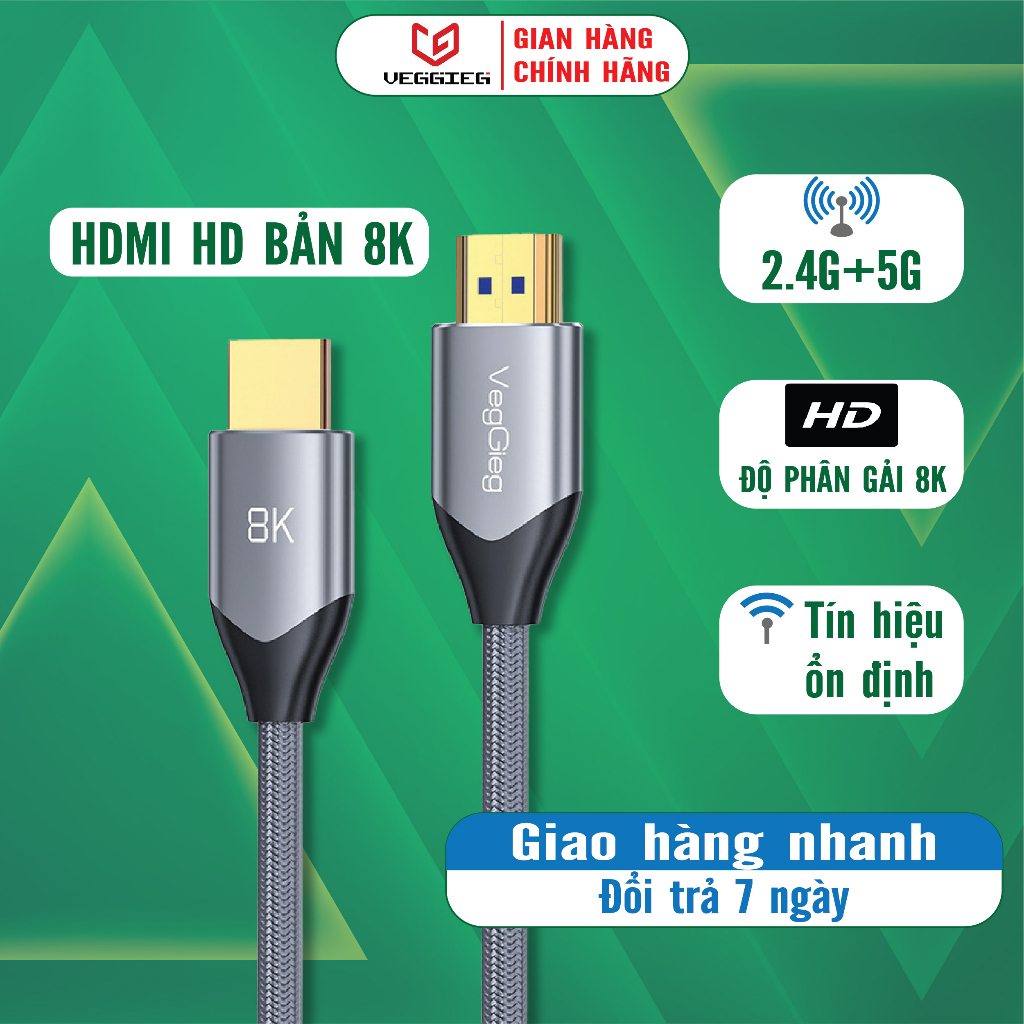 Cáp HDMI VegGieg hỗ trợ xuất hình ảnh độ nét cao chuẩn 8K/60hz, 4k/120hz hàng chính hãng