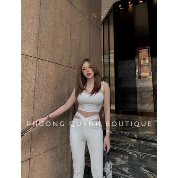 Sét áo 2 dây croptop quần legging chéo eo