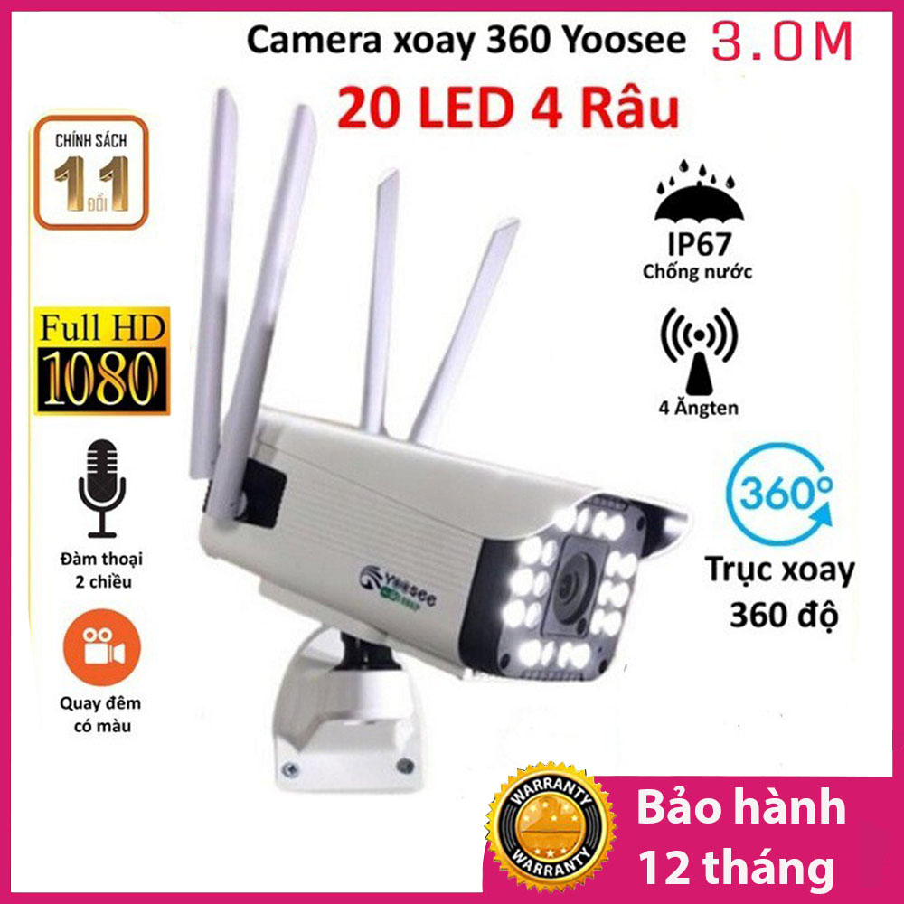 Camera Wifi Yoosee 3.0 Mpx Full HD, Dòng Ngoài Trời Xoay 360° 4 râu 20 LED Xem Đêm Có Màu-Đàm Thoại 2 Chiều-Phát Hiện Chuyển Động Chống Trộm-Hàng Nhập Khẩu