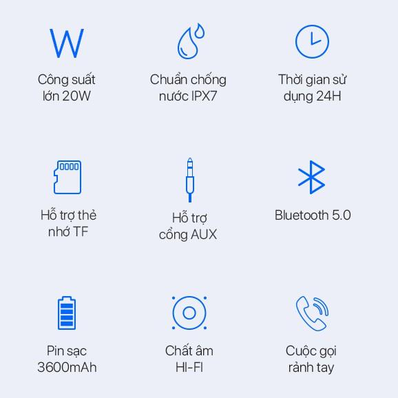 Loa Bluetooth 5.0 ViVAN Chuẩn Chống Nước IPX7, Công suất 20W, Dung Lượng Pin 3600mAh Cho Thời Gian Dùng Đến 24H - Hàng Chính Hãng