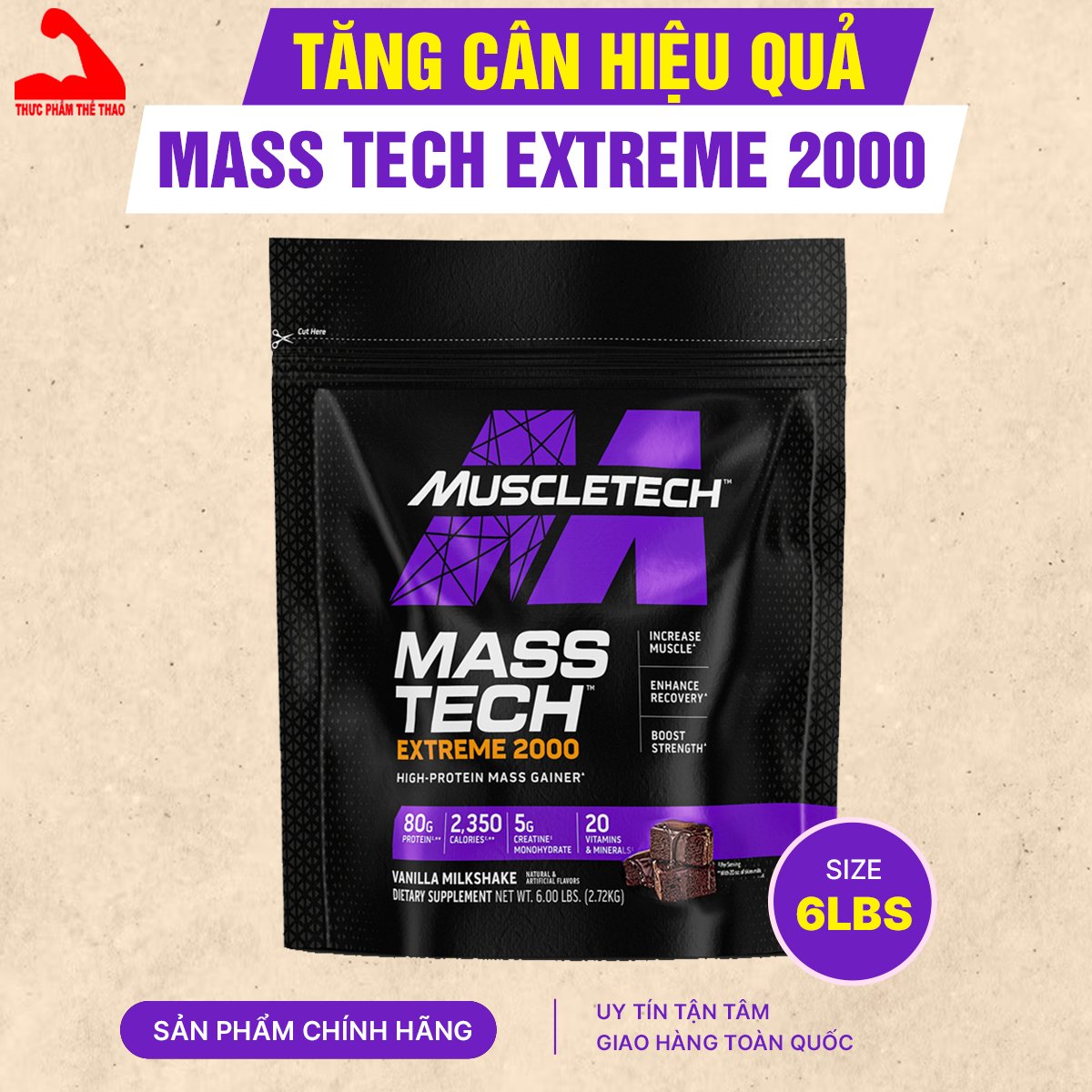 Sữa Tăng Cân Tăng Cơ Mass Tech Extreme 2000 6lbs  - Hương vị Chocolate – Hỗ trợ Tăng Cân Nhanh + Tăng Sức Mạnh từ nguồn dinh dưỡng đầy đủ như 1 bữa ăn - Hàng nhập khẩu chính hãng Muscletech - Kèm quà tặng