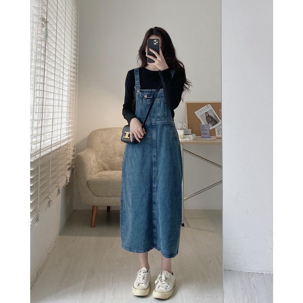 Yếm jeans dáng dài EMIX, váy yếm freesize dưới 55kg, chất bò, có túi, phong cách hàn quốc