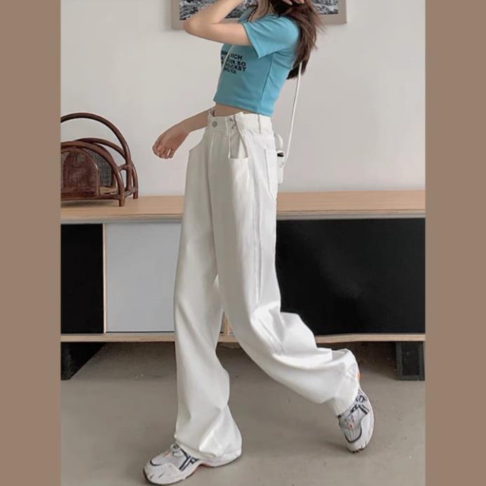 Quần Jean Ống Rộng GÀI EO Nữ Màu Trắng Kem Ulzzang Unisex mặc lên cực tôn dáng