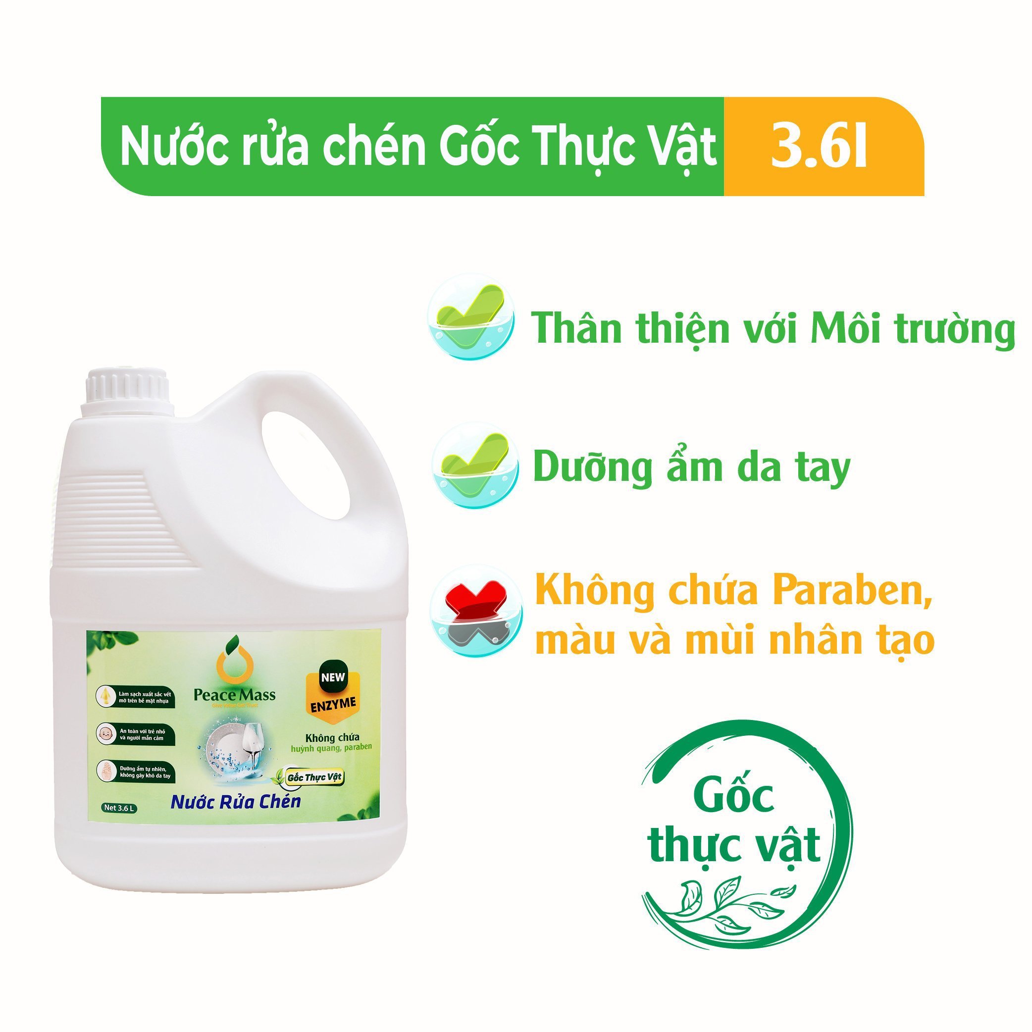 Nước Rửa Chén Gốc Thực Vật Peace Mass Công Nghệ Enzyme Rửa Sạch &Amp; Không Lưu Mùi Thuộc Nhóm Sản Phẩm Lành Tính Hữu Cơ Can 3.6 Lít