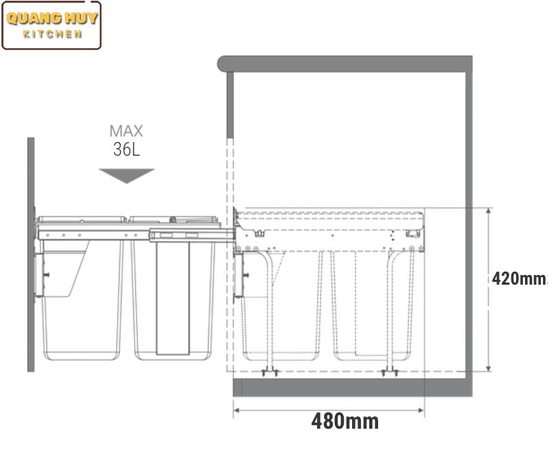 Thùng rác đôi âm tủ bếp hoặc gắn cánh tủ bếp thương hiệu Grob lắp đặt dễ dàng