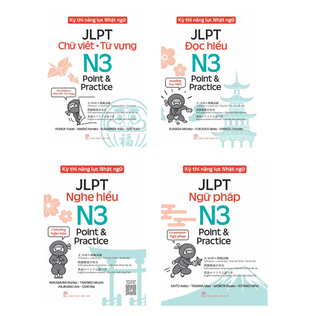 Combo 4 Cuốn Học Ngoại Ngữ: Kỳ Thi Năng Lực Nhật Ngữ JLPT N3 Point &amp; Practice: Chữ Viết - Từ Vựng +Đọc Hiểu+Nghe Hiểu+ Ngữ Pháp