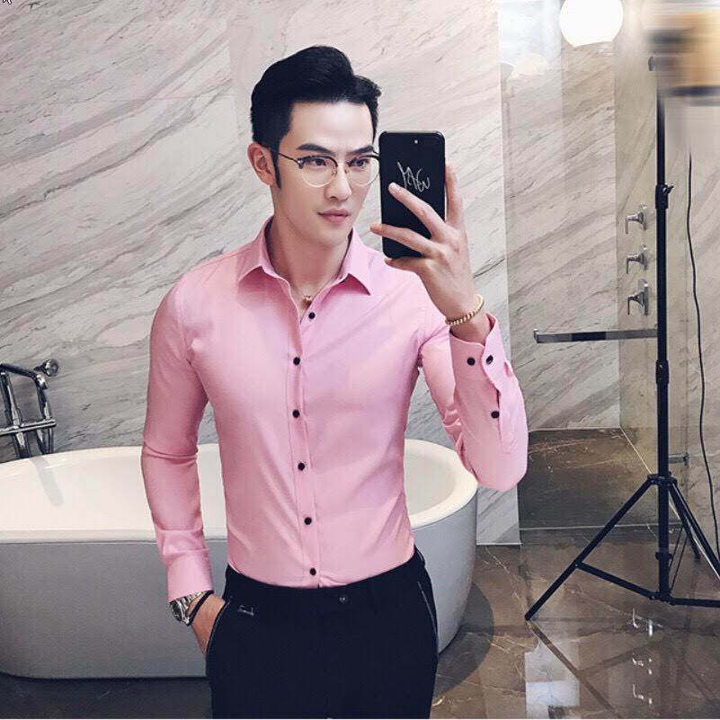 Áo sơ mi nam màu Hồng,Áo sơ mi nam dài tay cổ bẻ vải cotton lụa thái chống nhăn chống xù cực sang trọng
