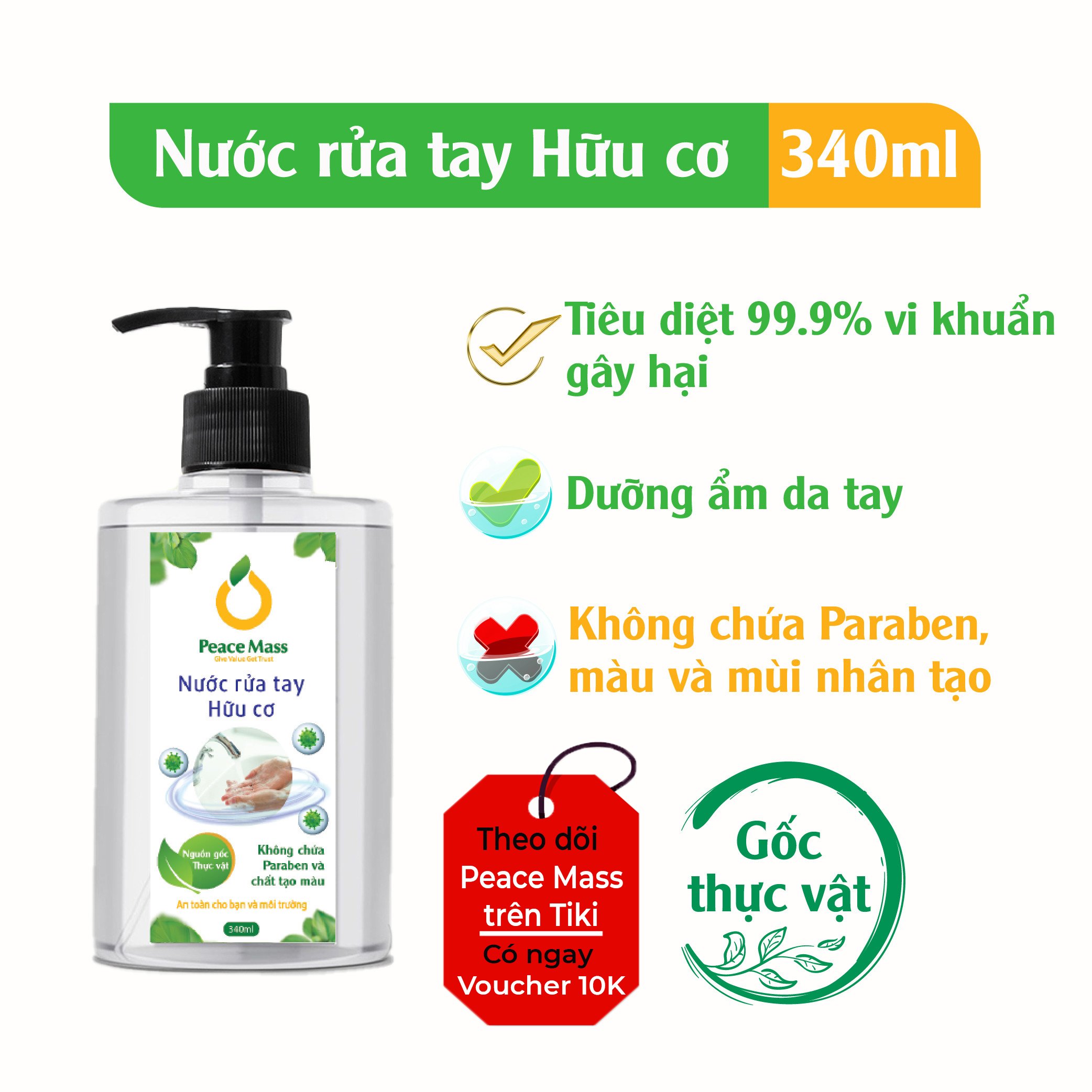 Nước Rửa Tay Gốc Thực Vật Peace Mass (Thuộc nhóm Sản phẩm Lành tính / Hữu cơ) Chai 340ml