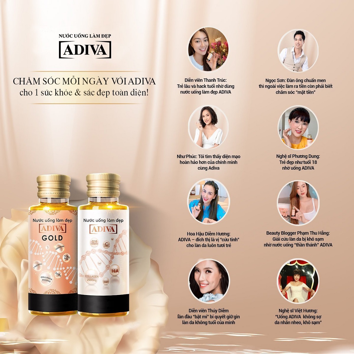 Nước Uống Làm Đẹp Collagen ADIVA Gold 14 Lọ Tặng 1 Hộp Nghệ Micell ADIVA 14 Viên