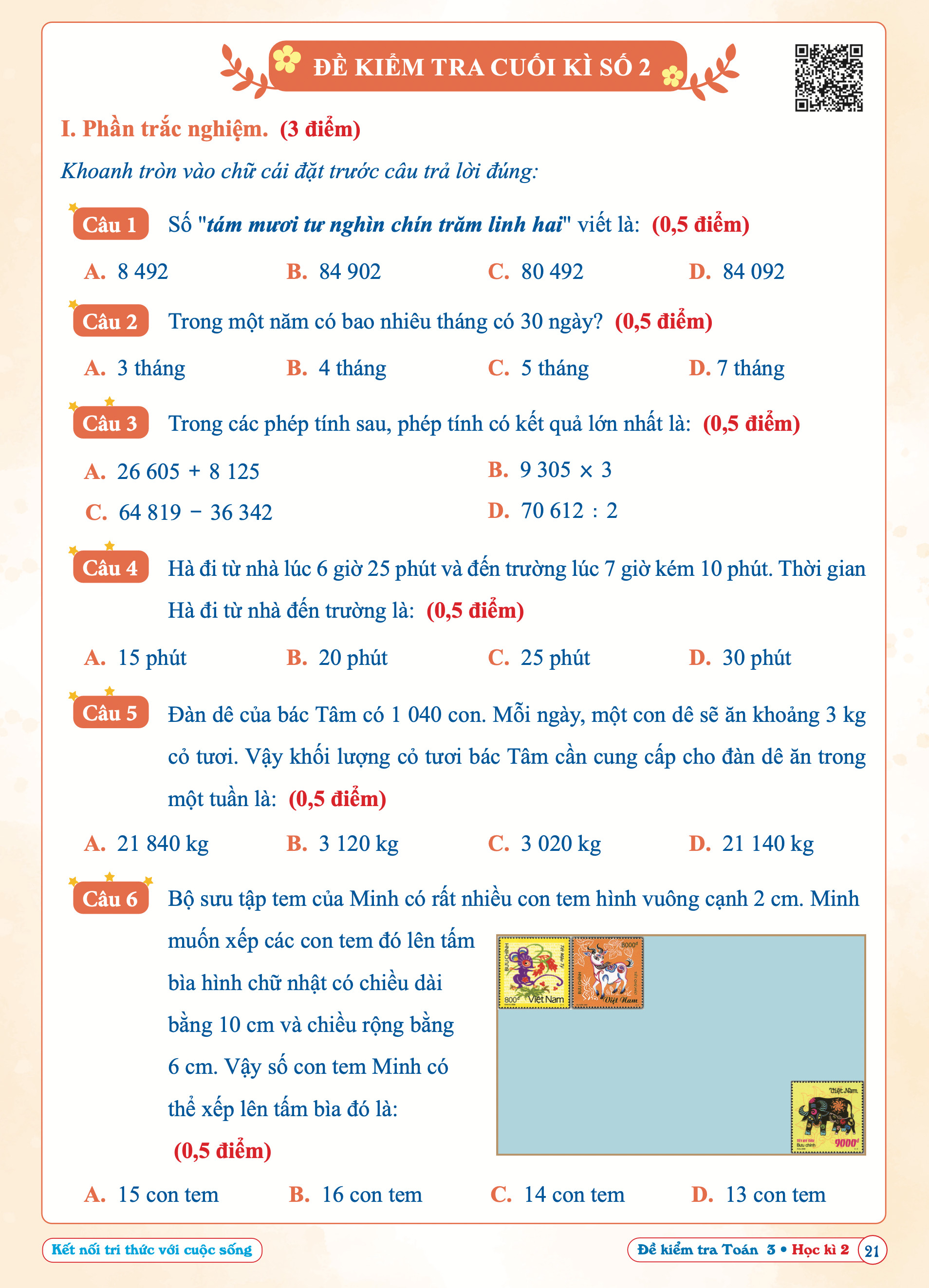 Đề Kiểm Tra Toán Lớp 3 - Kết Nối Tri Thức - Học kì 2