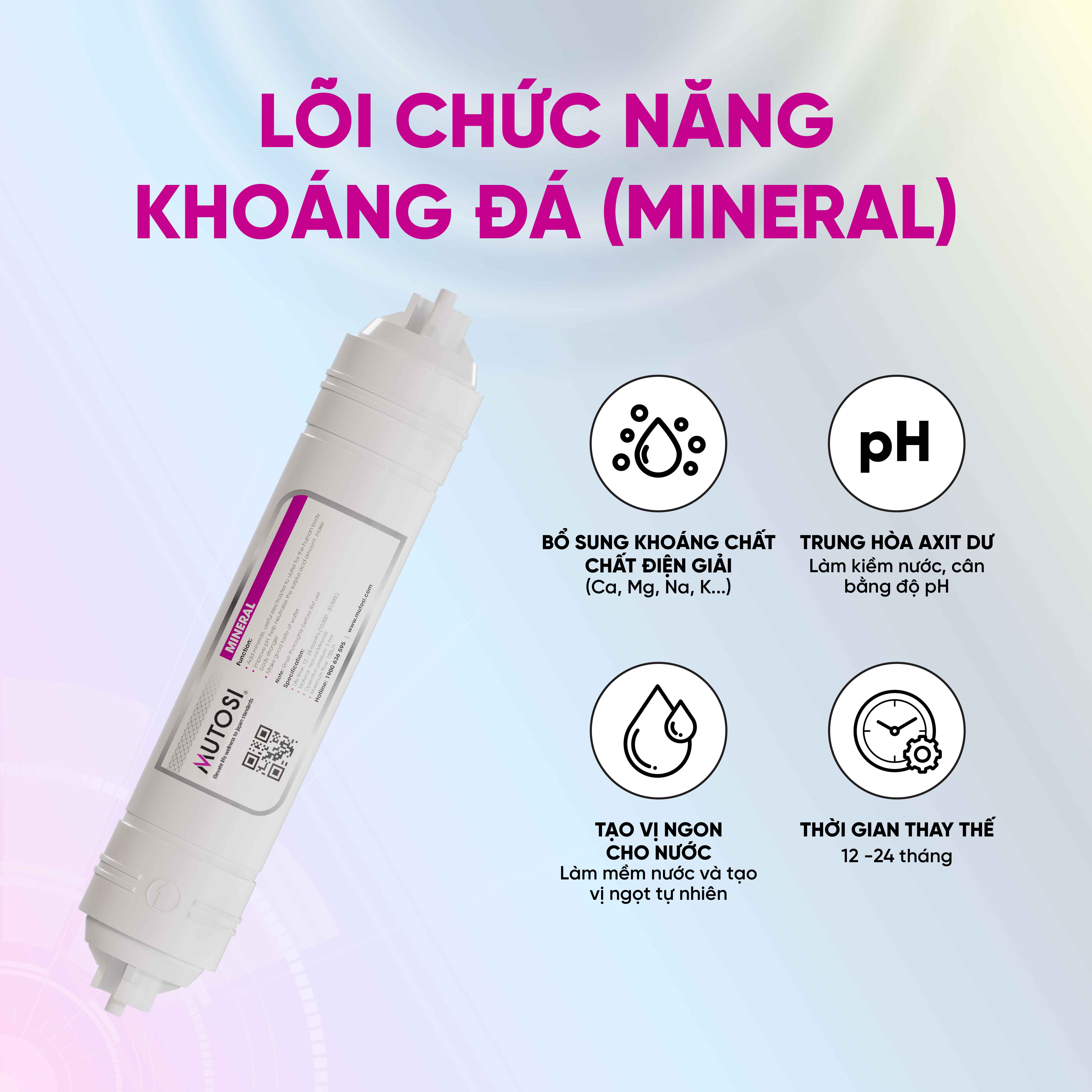 Combo 4 lõi chức năng Mutosi TKNO - Lõi T33/GAC, Khoáng đá, ORP Hydrogen, Nano bạc - Hàng chính hãng Mutosi