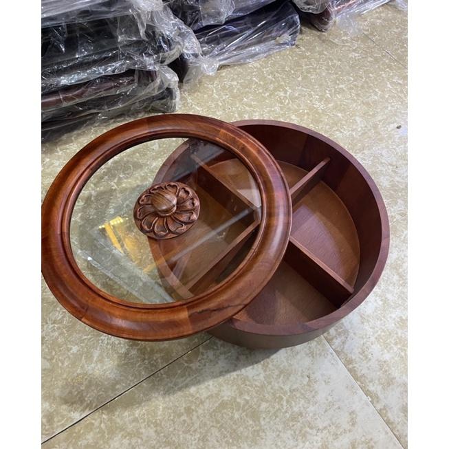 Hộp mứt tết tròn nắp kính gỗ hương có đế xoay