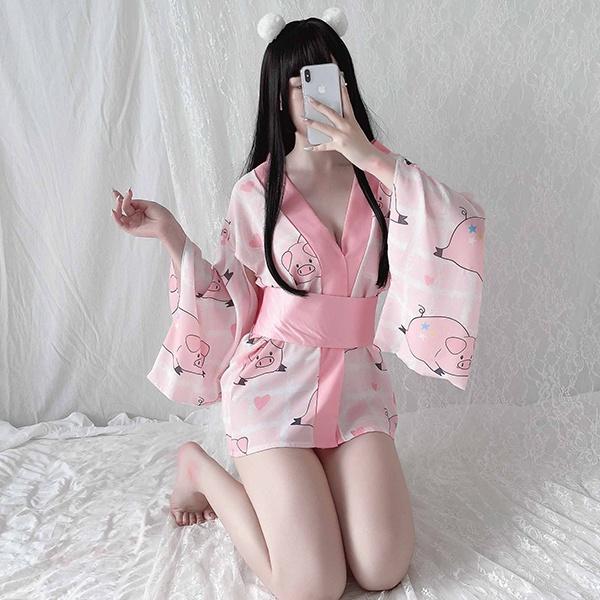 Áo chàng ngủ cosplay Kimono Nhật Bản xẻ ngực sexy quyến rũ đồ ngủ cao cấp phối hình bé heo thỏ đáng yêu BIKI HOUSE N743