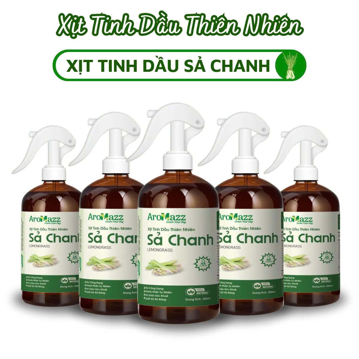 Xịt Tinh Dầu Thiên Nhiên Khử Mùi Thơm Phòng Sả Chanh, Cam Sả, Vỏ Quế, Bạc Hà, Oải Hương Chai Lớn 300ml