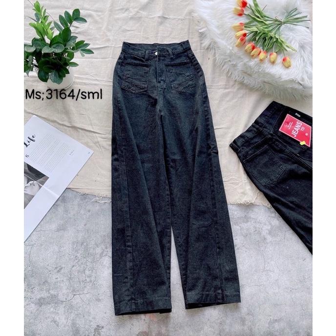 Quần Jeans Dài Ống Rộng Đen Lưng Cao Phối 2 Túi Q054