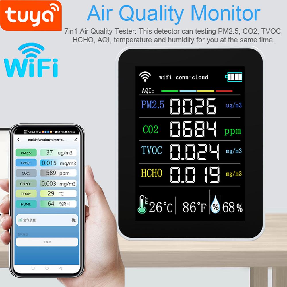 Tuya Wifi Portable Air Quality Meter 7in1 PM2.5 CO2 TVOC HCHO AQI Temperature Humidity Tester 2.8inch TFT Color Display Carbon Dioxide Detector Support Cellphone APP Control with Calendar Function
