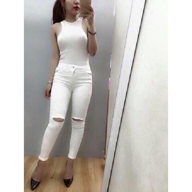 Quần Jeans Kaki Nữ Rách Gối Màu Trắng Thời Trang