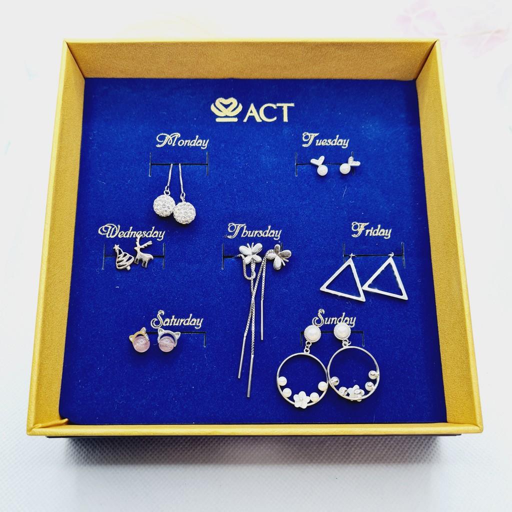 Set bông tai, khuyên tai bạc cao cấp cho 7 ngày -quà tặng bạn nữ, quà tặng vợ, quà tặng valentine, quà tặng 8/3