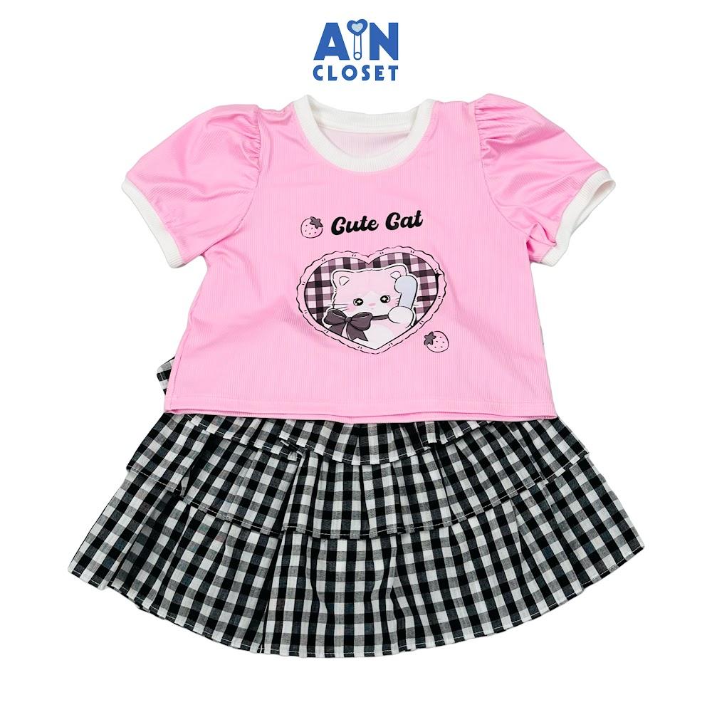 Set Áo Váy bé gái họa tiết Caro Mèo Đen Cotton - AICDBGPG4GTX - AIN Closet