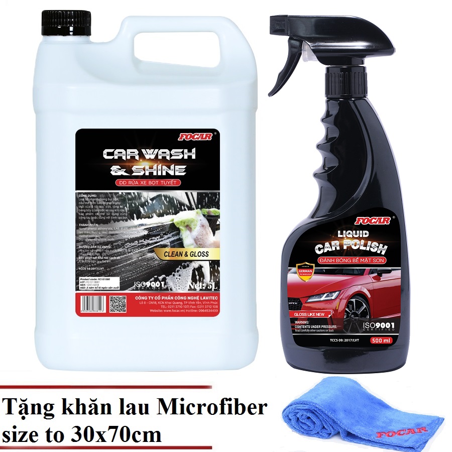 Combo Dung dịch rửa xe bọt tuyết đậm đặc Car Wash &amp;Shine 5L + Dung dịch đánh bóng vỏ xe ô tô Car Liquid Polish 500ml(Tặng khăn 30x70cm)