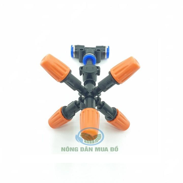 Bộ 5 Béc phun sương 5 cửa màu cam có van áp chống nhỏ giọt , dùng ống phun sương 8mm