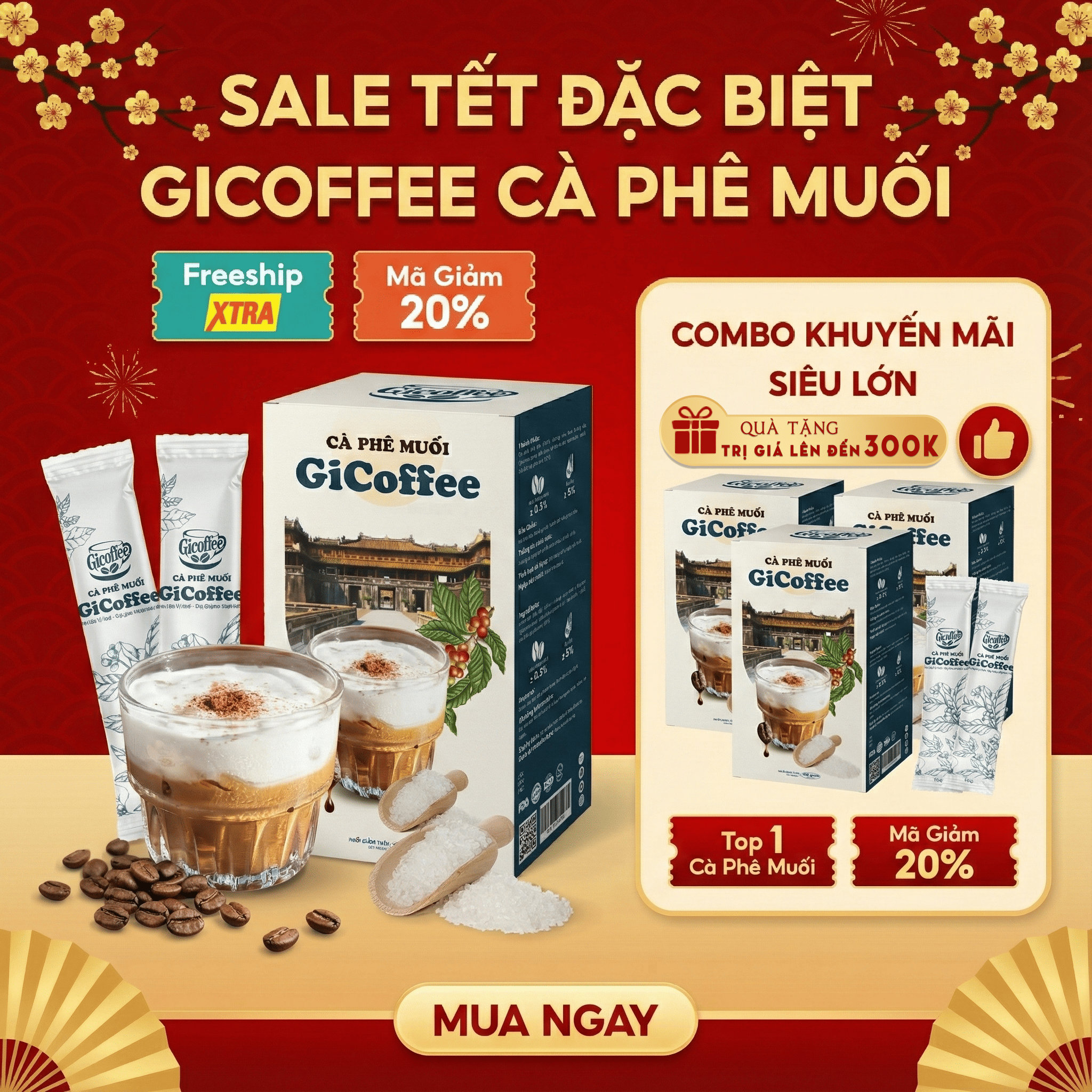 Cà Phê Muối Hòa Tan GiCoffee Chuẩn Vị Huế - Ít Ngọt (1 Hộp 10 gói x 16gr)