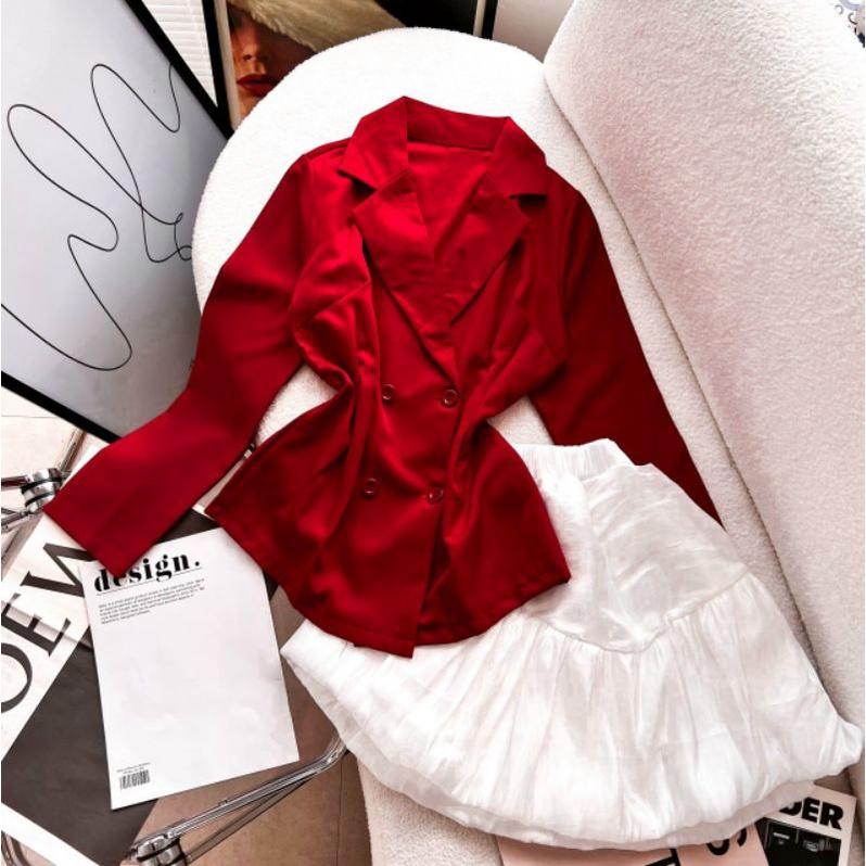 SET ÁO VEST ĐỎ CHÂN VÁY TRẮNG