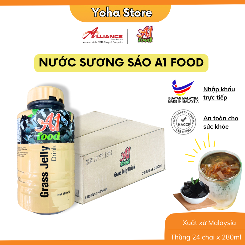 Thùng 24 chai thức uống sương sáo thanh mát kèm thạch A1 Food Grass Jelly Drink 280ml - Nhập khẩu Malaysia