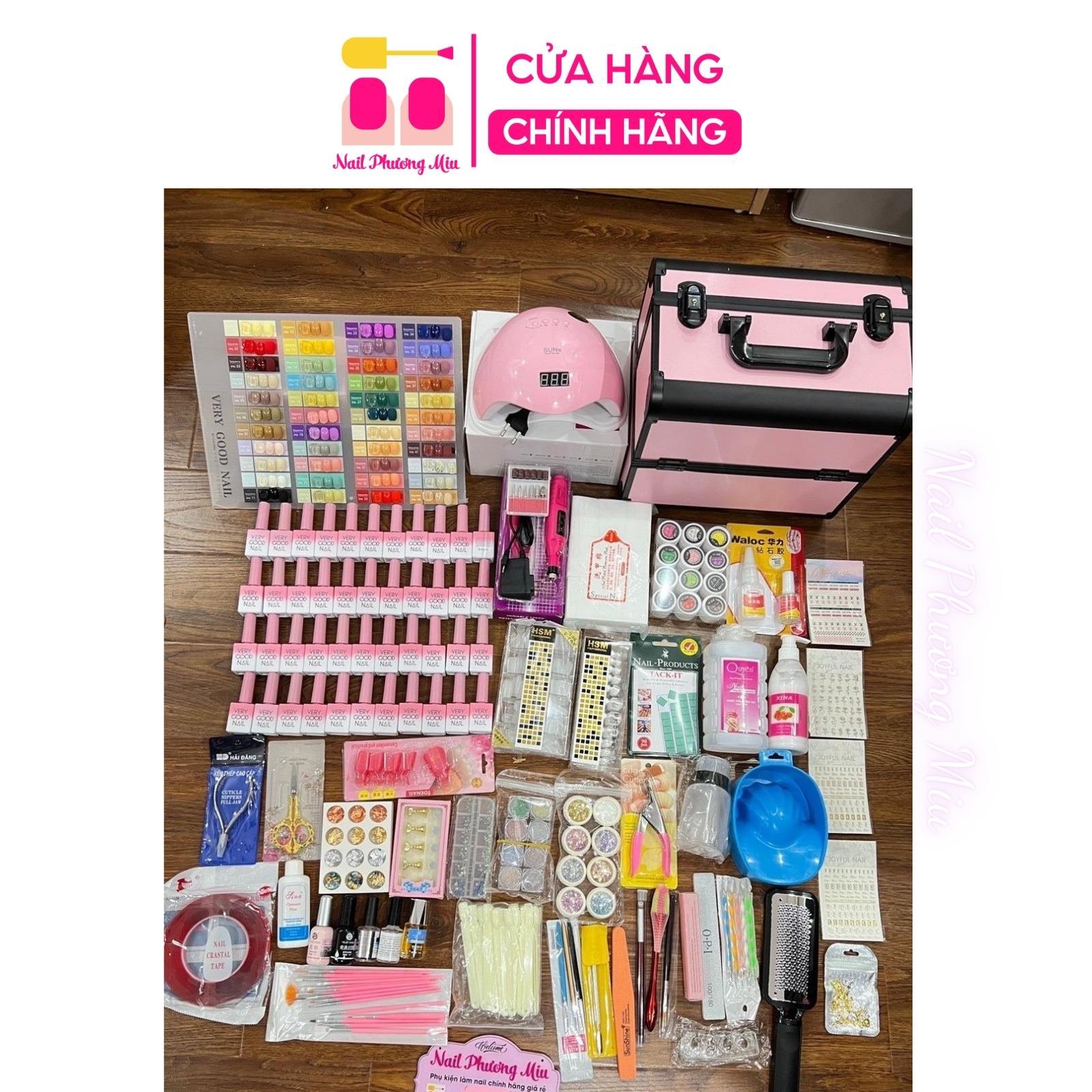 Combo Dụng Cụ Làm Móng Đầy Đủ Số 4, Bộ Phụ Kiện Làm Nail Chuyên Nghiệp Sơn Very Good Nail 44 Màu, Máy Hơ Sun 5, Cốp Nhôm Nữ