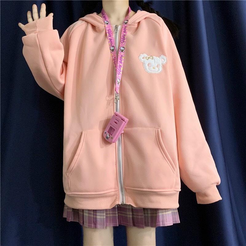 Áo Khoác Có Nón Mũ Nữ Nam Unisex Chất Vải Nỉ Poly Mặt Gấu Thêu, áo khoác hoodie nữ , áo khoác form rộng có dây kéo , vải nỉ ngoại chống nắng chống lạnh tốt