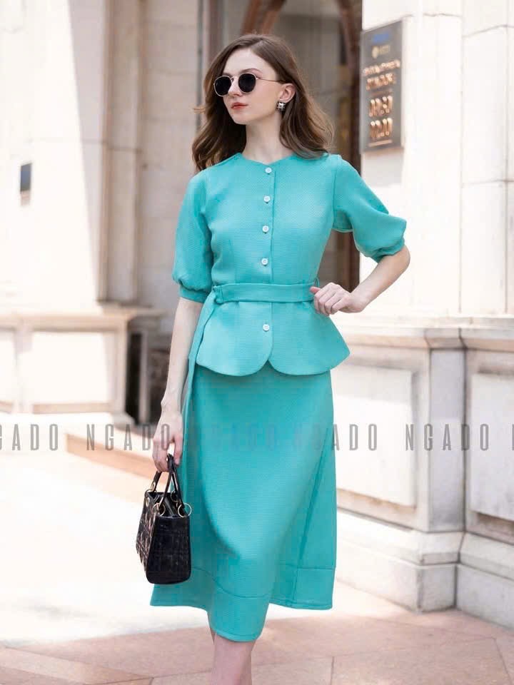 Set áo váy xanh ngọc tay lửng NGADO , set áo váy dài , set công sở, dự tiệc