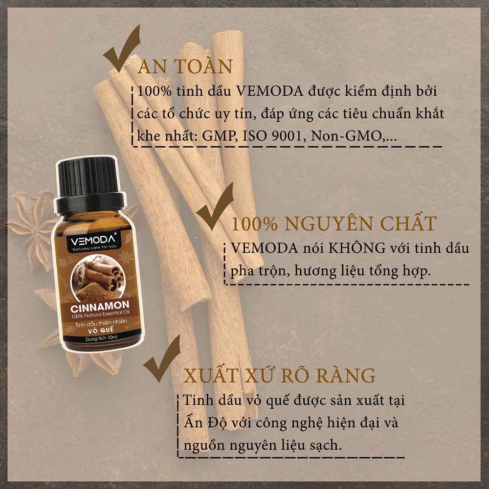 Tinh dầu Vỏ quế cao cấp. Cinnamon Essential Oil. Tinh dầu xông phòng giúp khử mùi, khử khuẩn, giúp giữ ấm, hỗ trợ giảm cân. Tinh dầu thơm phòng cao cấp Vemoda