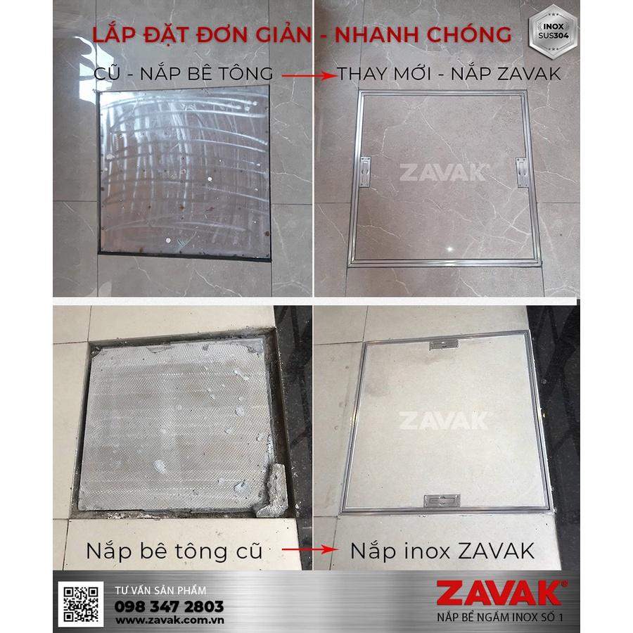 Nắp bể nước ngầm trong nhà Zavak MHI-45. lát gạch âm sàn kích thước 45x45cm. Inox304 chống gỉ