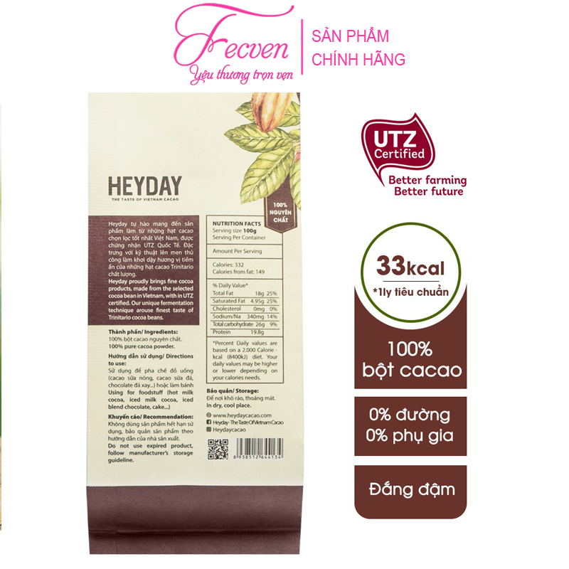 Bột Cacao Nguyên Chất Heyday Origin - Nguyên Chất 100%, Không Đường - Vị Cân Bằng, Đắng Đậm, Béo Dịu, Thơm Nồng - Dòng Thượng Hạng Dùng Để Uống, Pha Chế, Làm Bánh - FECVEN