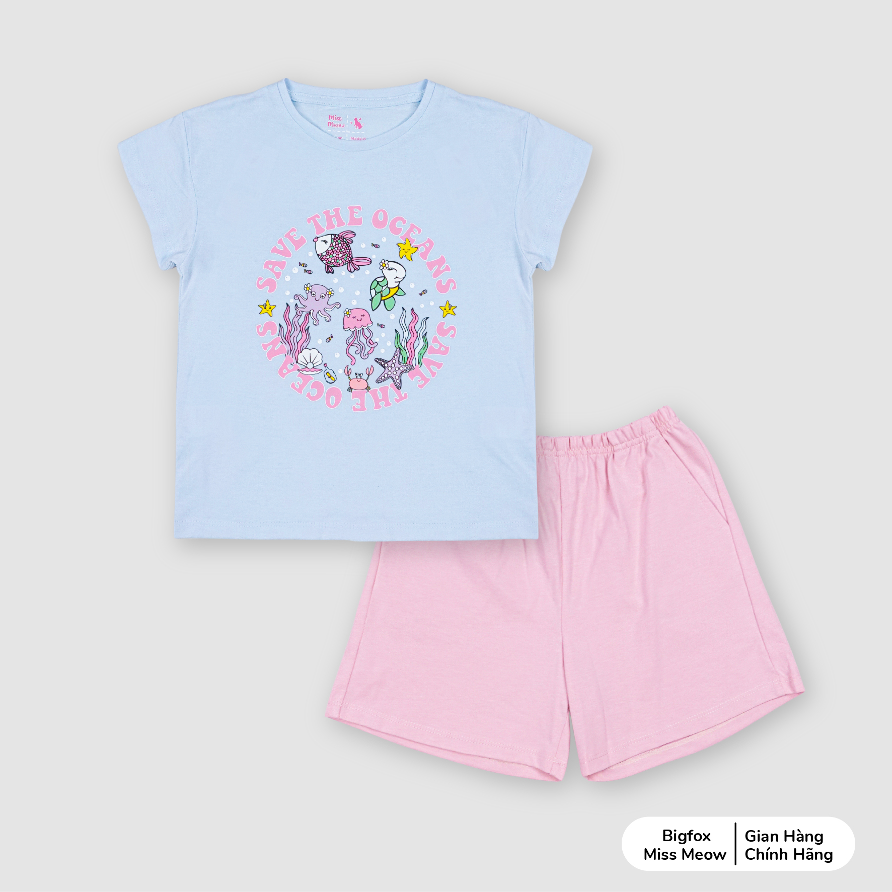 Bộ bé gái cộc tay Bigfox Miss Meow size đại mùa hè vải cotton cỡ 3,6,9,11 tuổi 30kg 40kg