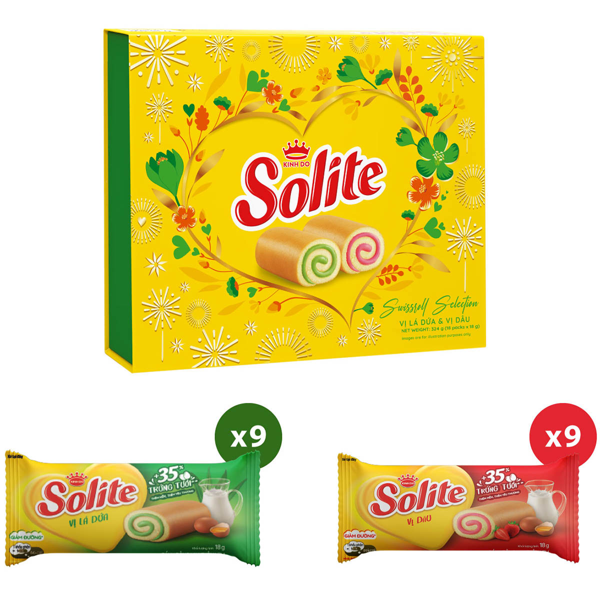 Bánh bông lan Solite cuộn kem vị lá dứa và vị dâu, hộp quà Tết 324g