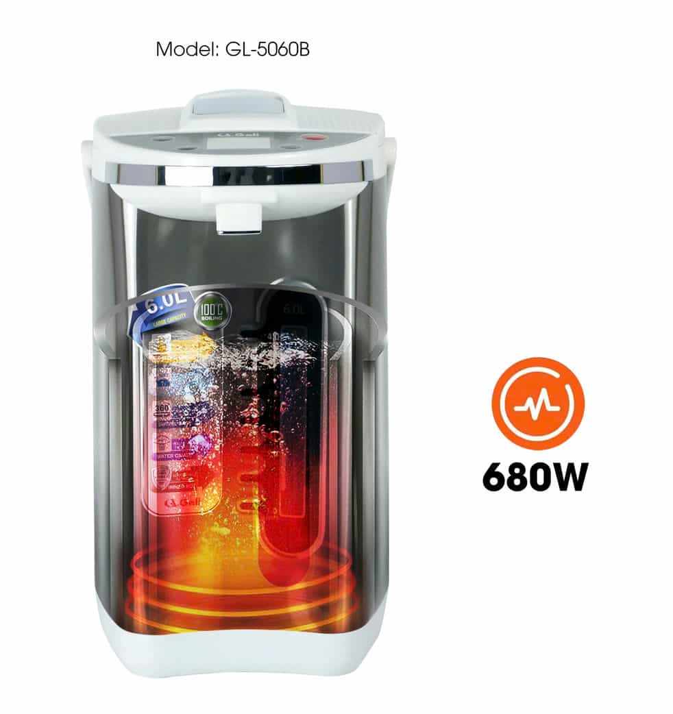 Bình Thuỷ Điện Gali GL-5060B Dung tích 6L nhỏ gọn, Thân bằng nhựa nguyên sinh cao cấp, lòng trong bằng Inox 304 dày chất lượng. Hàng chính hãng chất lượng cao bảo hành 24 tháng