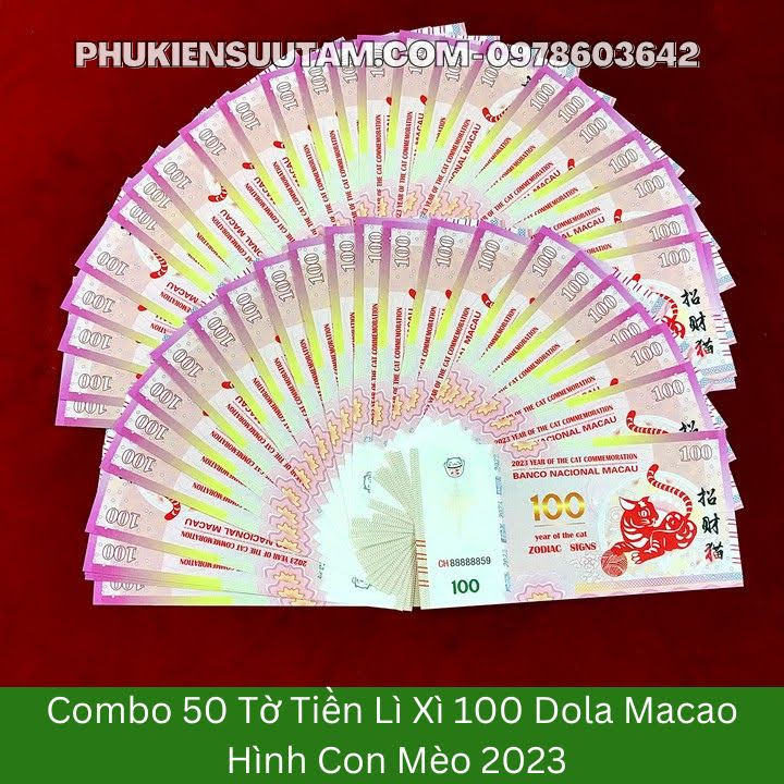 Combo 100 Tờ Lì Xì 100Dollar Macao Hình Con Mèo 2023, kích thước: 15.5cmx7.5cm, màu trắng - SP0054AB