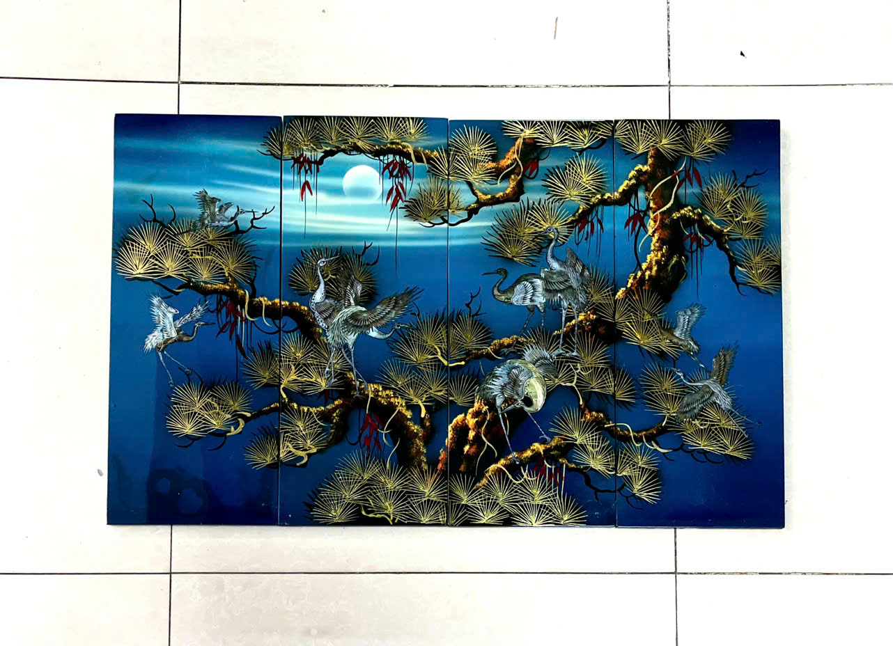 Bộ Tranh sơn mài 4 tấm -TÙNG HẠC DIÊN NIÊN - khảm cừ size 50x80 cm - Ý Nghĩa Phong Thủy
