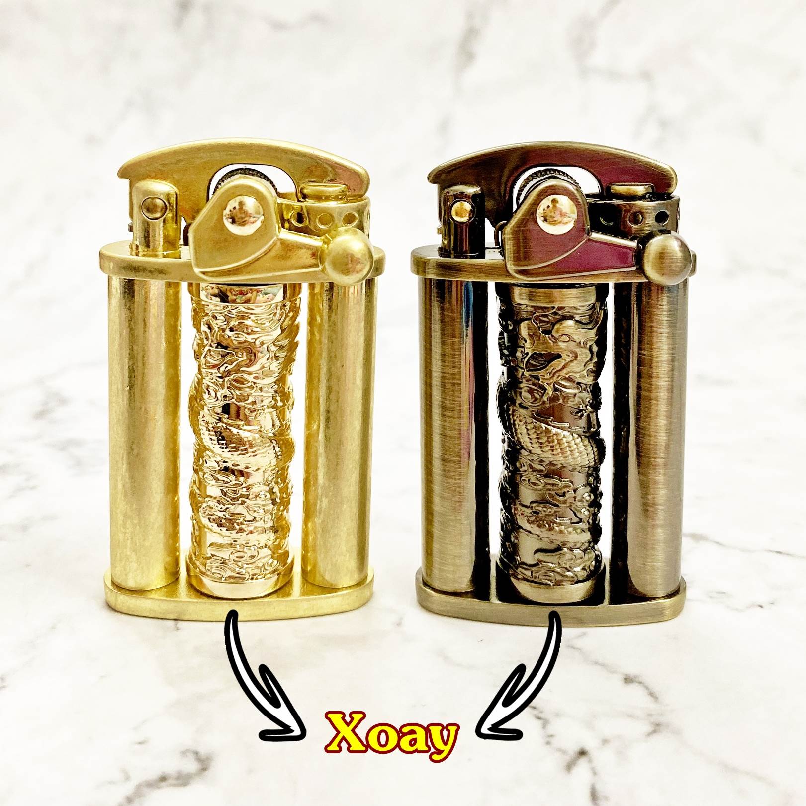 Bật lửa hột quẹt xăng đá cổ búng lửa đánh tay hình trụ rồng xoay Z629 Fullbox - xài xăng