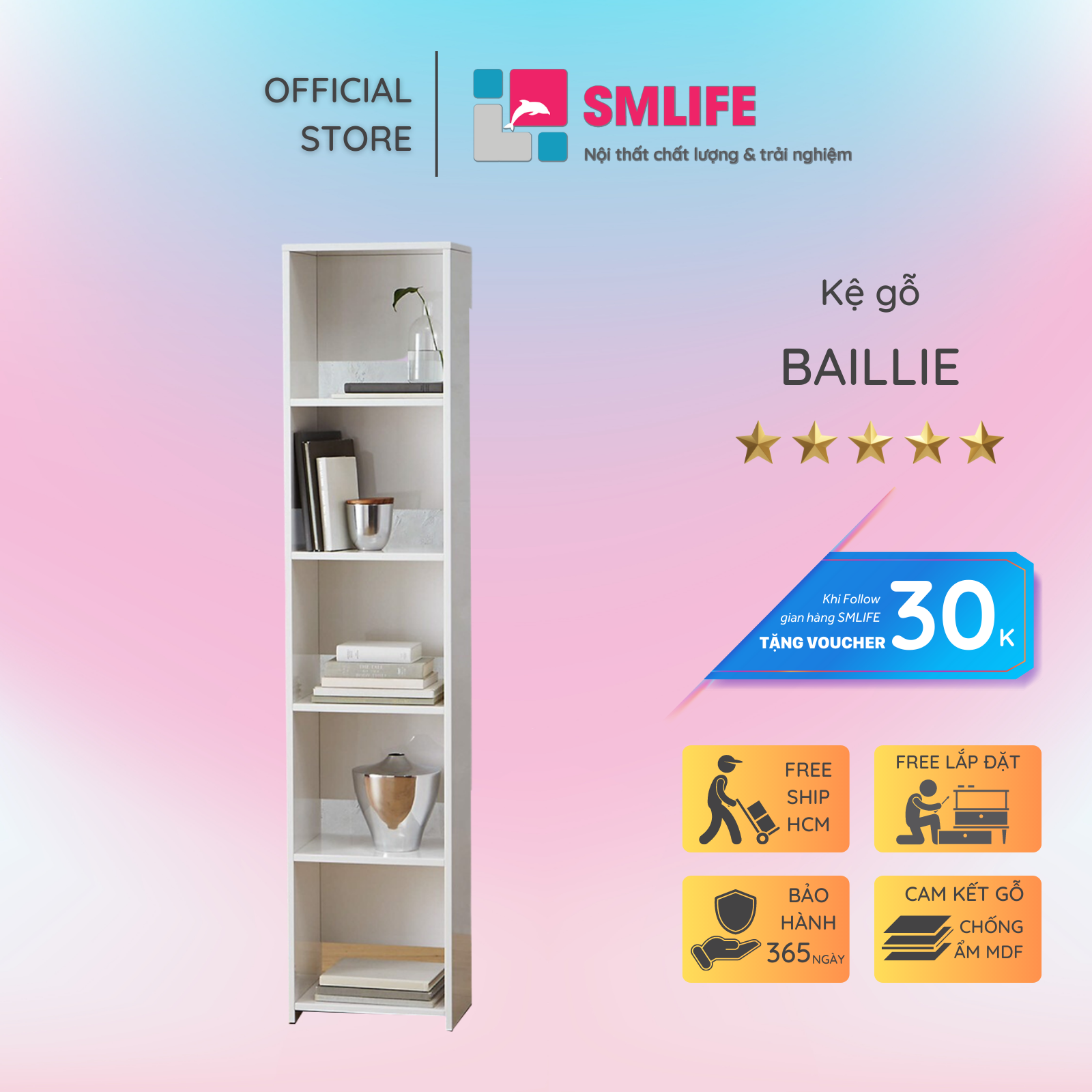 Kệ sách, kệ trang trí gỗ hiện đại SMLIFE Baillie | Gỗ MDF dày 17mm chống ẩm | D40xR28xC180cm