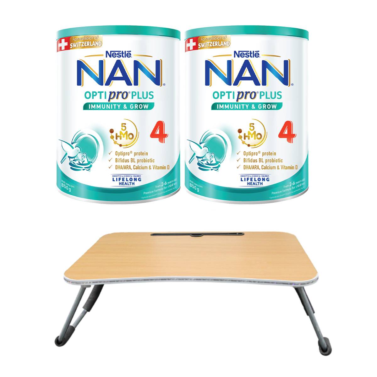 Bộ 2 Lon sữa bột Nestlé NAN OPTIPRO PLUS 4 850g/lon với 5HMO Giúp tiêu hóa tốt + Tăng cường đề kháng (2 - 6 tuổi) - Tặng Bàn học gấp gọn