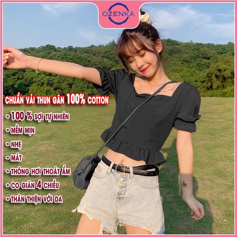 Áo croptop nữ rộng kiểu Hàn Quốc tay phồng viền bánh bèo OZENKA chất thun gân 100% cotton màu đen trắng dưới 50 kg