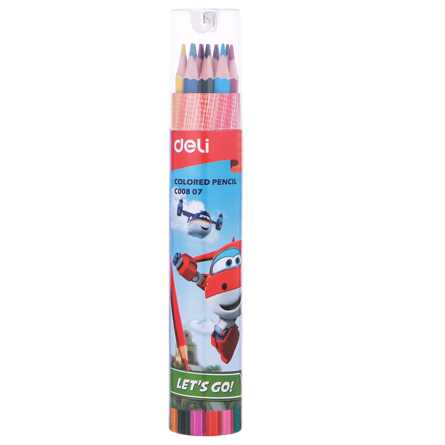 Bút chì màu học sinh Deli x Super Wings kèm gọt chì 12 màu/18 màu/24 màu/36 màu / ống | EC00807/EC00817/EC00827/EC00837