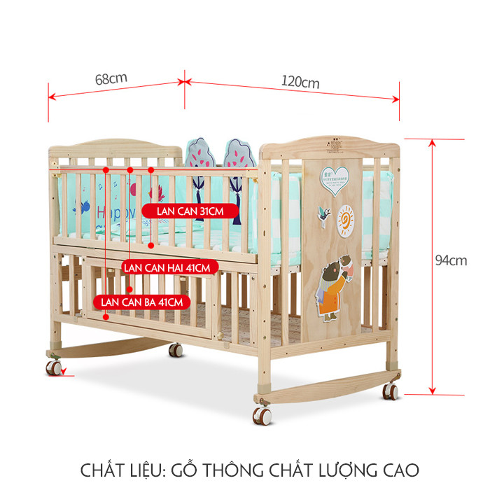 Cũi gỗ 2 tầng kích thước 1m2 có thể kéo dài thành giường 1m6 tặng kèm đệm sơ dừa , màn chống côn trùng