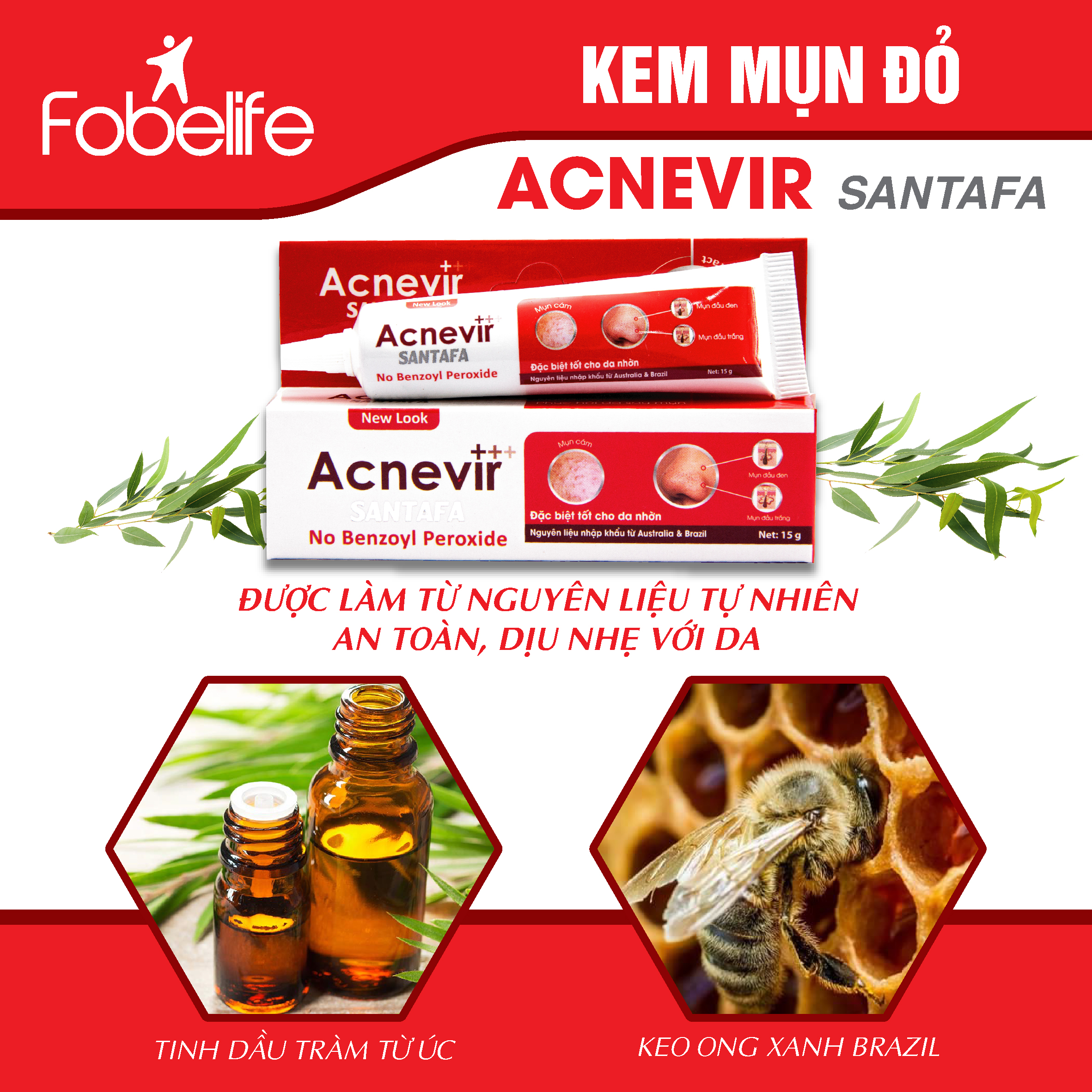 Combo 3 Kem Trị Mụn Đỏ Đầu Đen, Đầu Trắng, Mụn Cám Hiệu Quả Acnevir Santafa  Tuýp 15gr