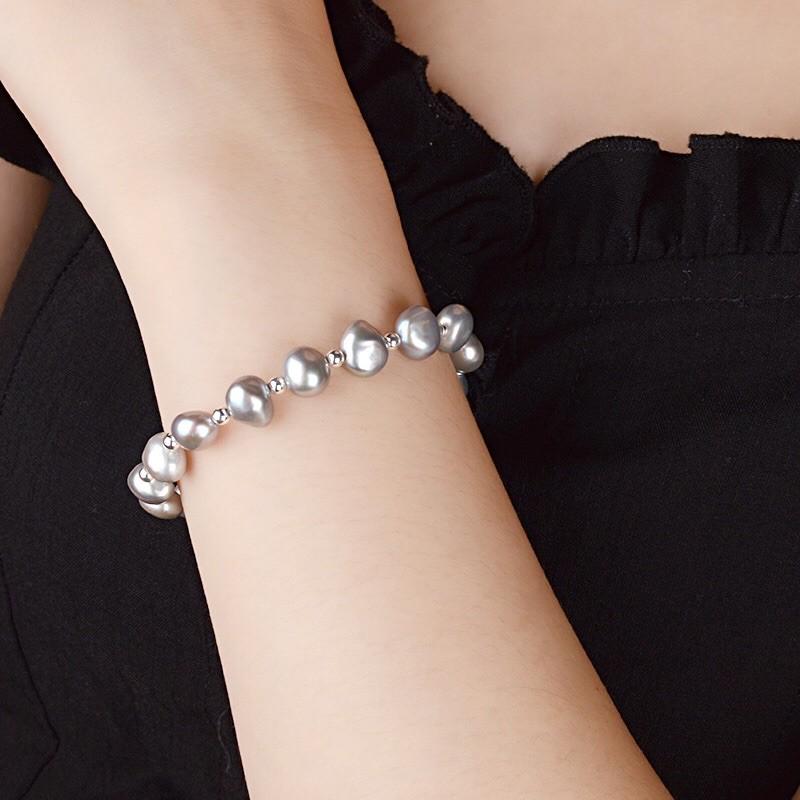 Vòng Tay Ngọc Trai Nước Ngọt Hạt Dẹt Tự Nhiên Mix Bi Bạc 925 Cá Tính - Trường Thịnh Ngọc Trai