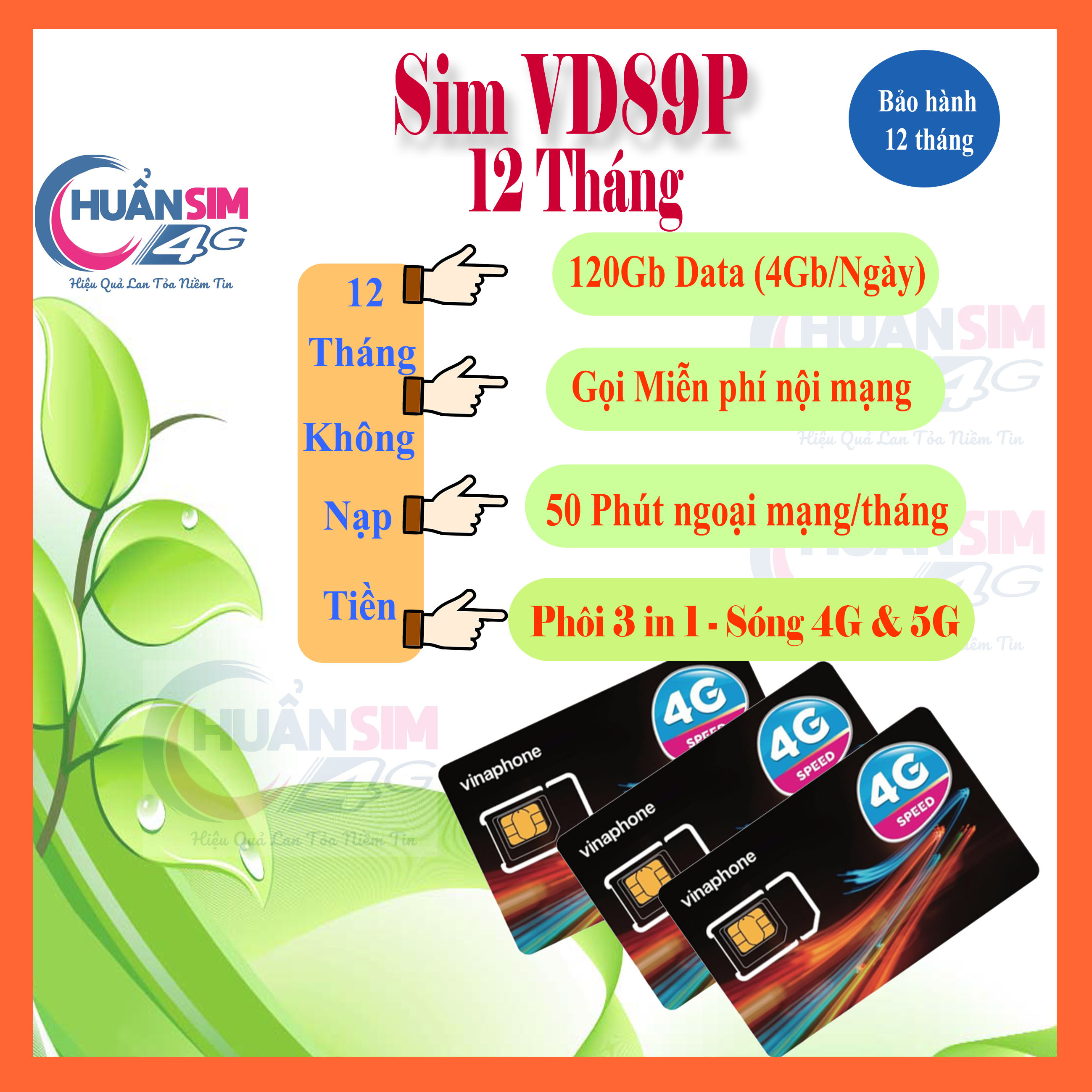 [ Miễn phí 1 năm] 1440GB/1 Năm - Mỗi tháng tặng 120GB - Miễn phí cuộc gọi  Sim Vinaphone- VD89P -VD149 - VD89-D60G